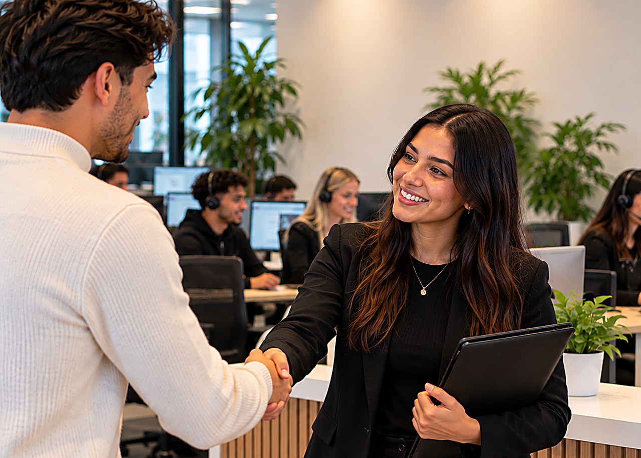 Een collega van Nova schudt de hand van een nieuwe medewerker bij binnenkomst