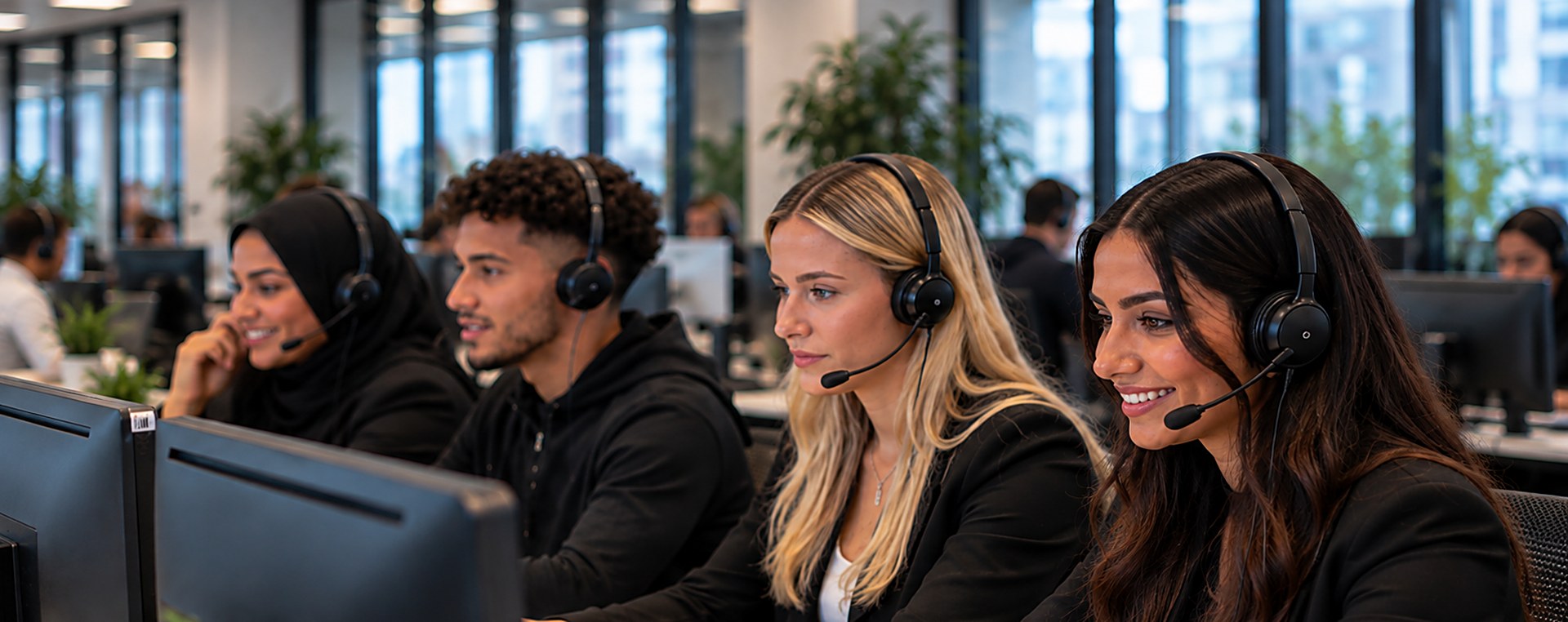 Vier collega's met headset aan het werk in het callcenter