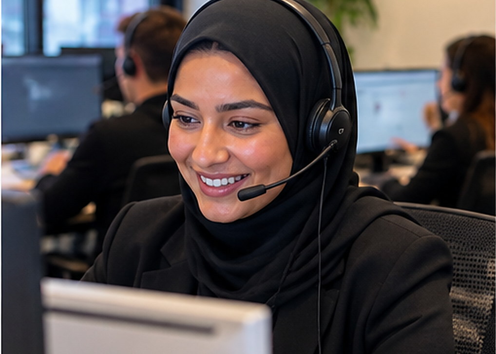 Lachende telefonisch adviseur met headset in het callcenter