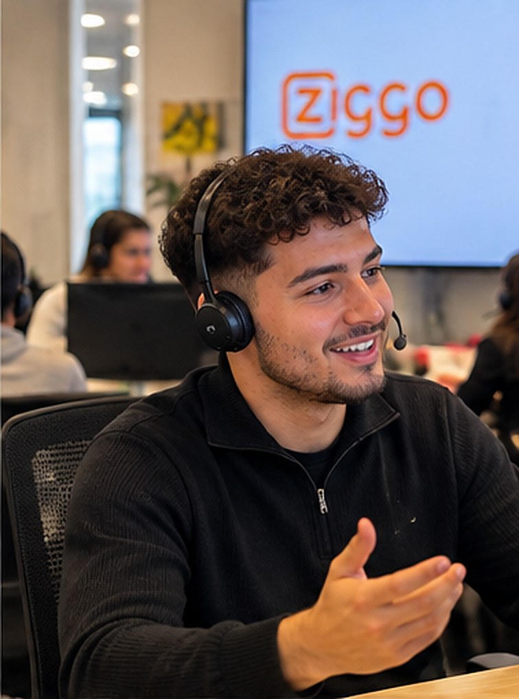 Lachende telefonisch adviseur met headset aan zijn werkplek, met een Ziggo-scherm op de achtergrond