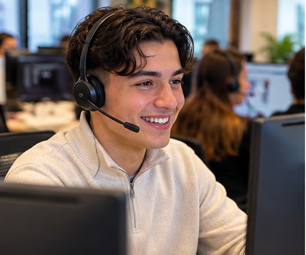 Lachende telefonisch adviseur met headset aan zijn werkplek in een modern callcenter