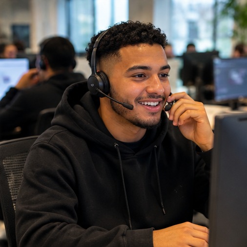 Lachende telefonisch adviseur met headset achter zijn bureau in een modern kantoor